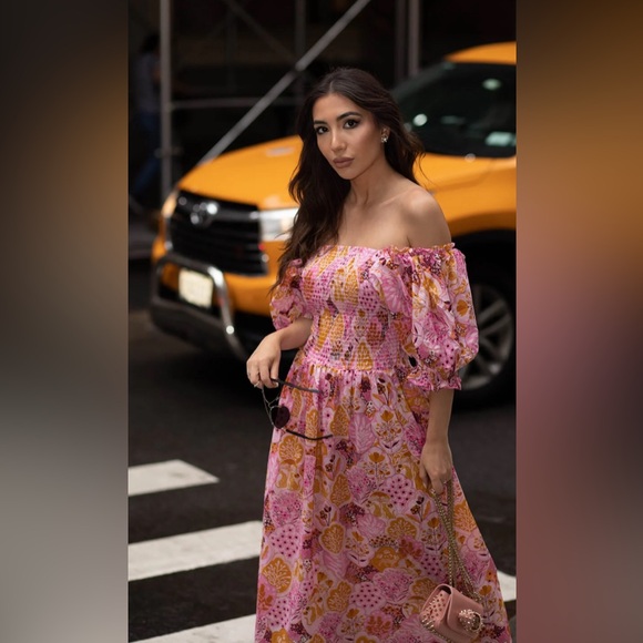 Jessie Zhoa MOUNTAIN IMAGINATION SMOCKED MIDI DRESS Pink Print size L - Picture 3 of 6